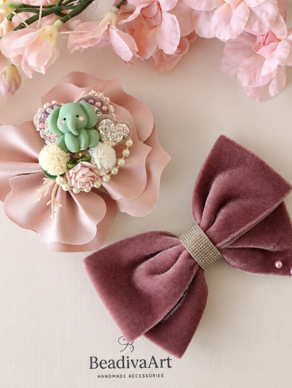 Handmade Elegant Pink Floral Hair Clip and Bow Set for Girls 🎀✨